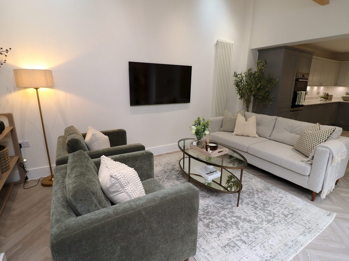 Staged family room: grey sofa, olive armchairs, floor lamp and an olive tree by the bifold doors