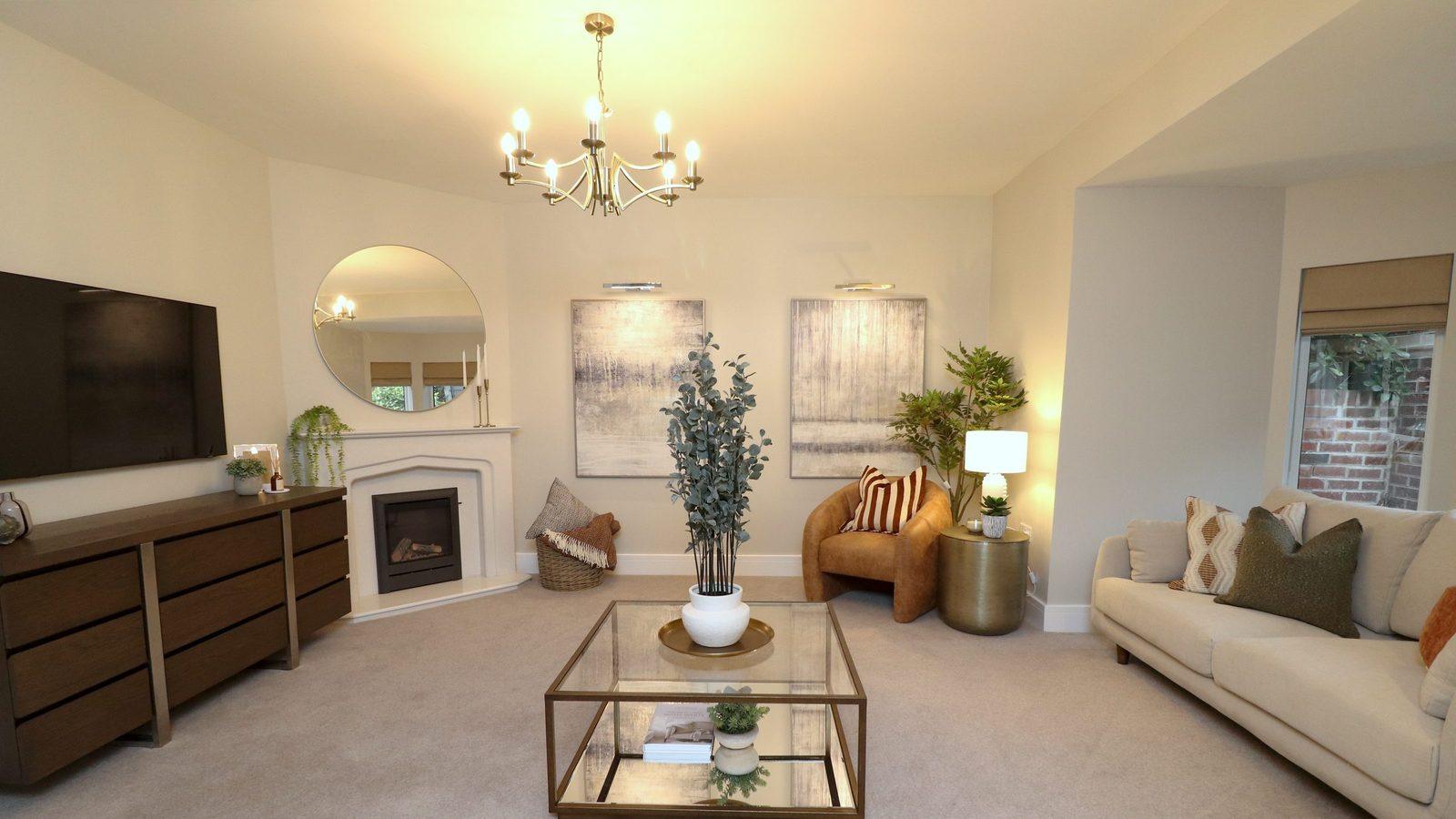 The same living room staged: sofa and armchair around a glass coffee table, artwork and a mirror over the fireplace, lamps lit