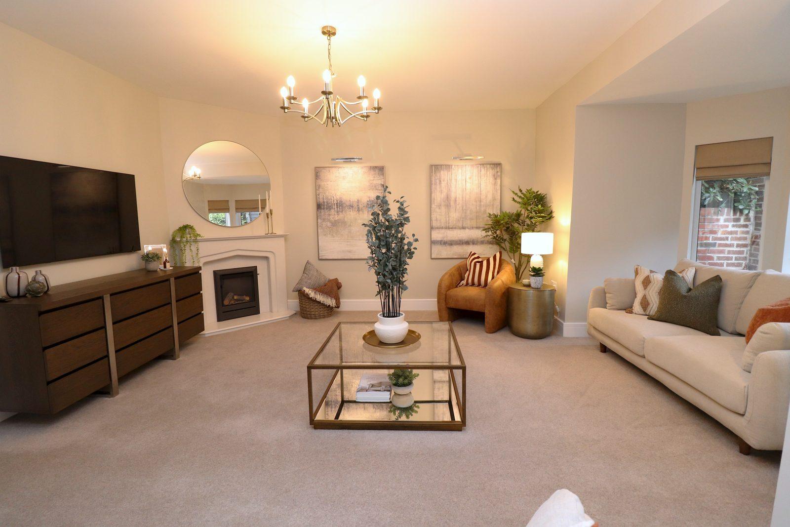 Television unit, fireplace and the bay beyond
