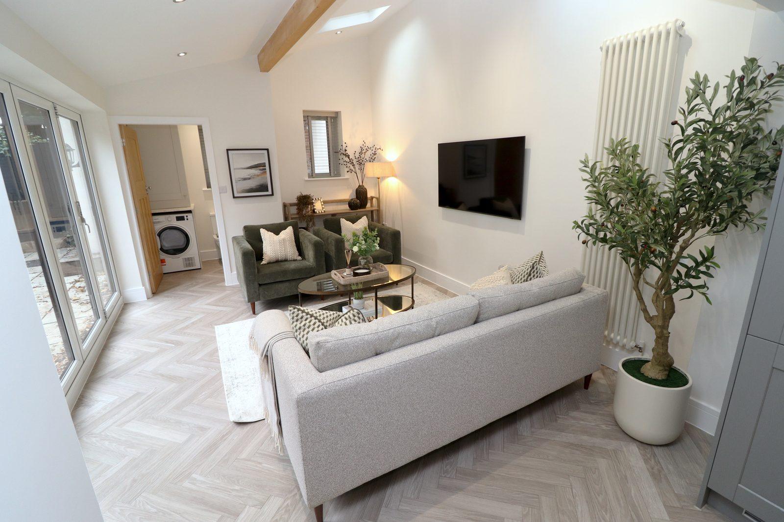 Family room: grey sofa, olive armchairs and olive tree