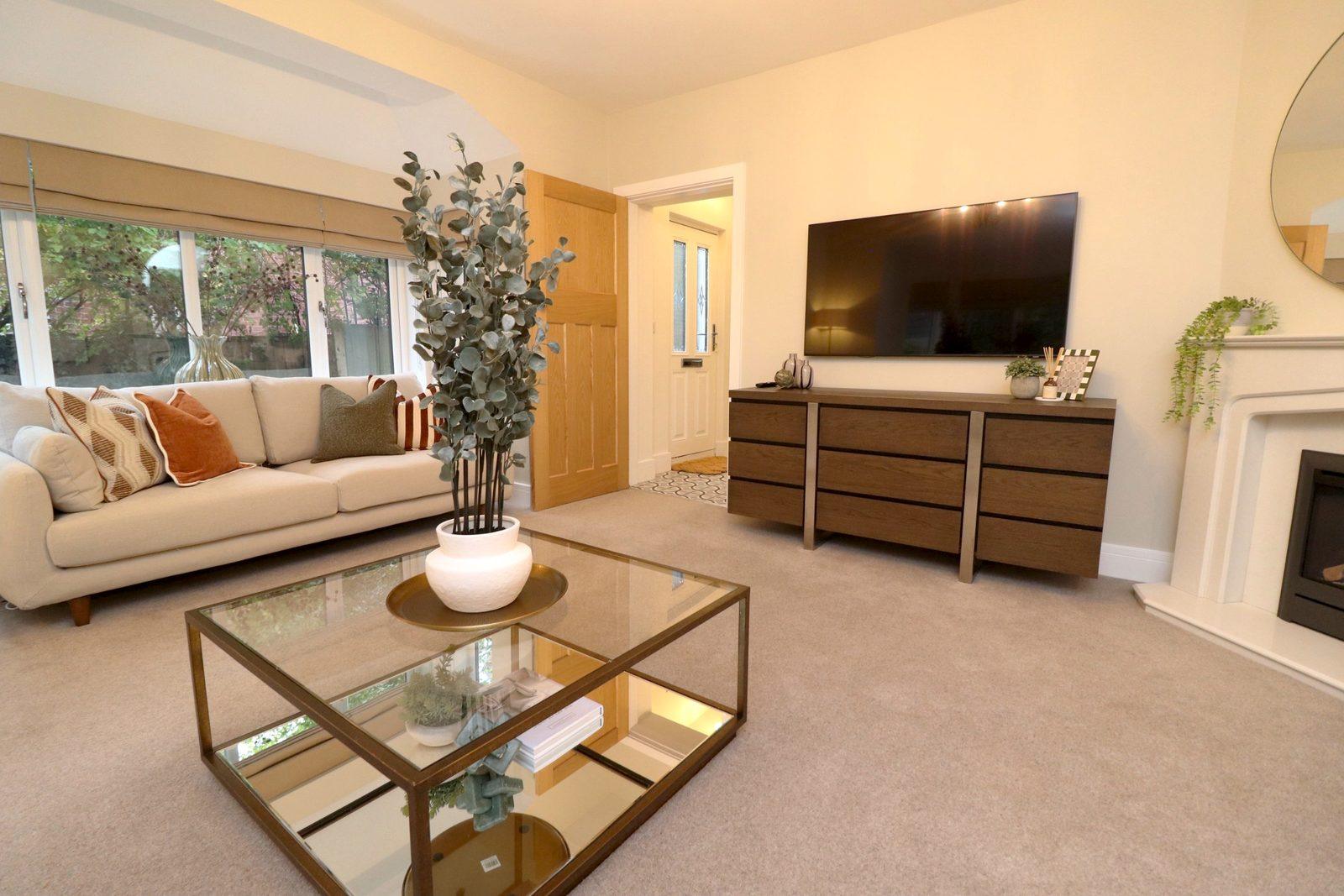 Sofa beneath the window, eucalyptus on the coffee table, television unit and fireplace